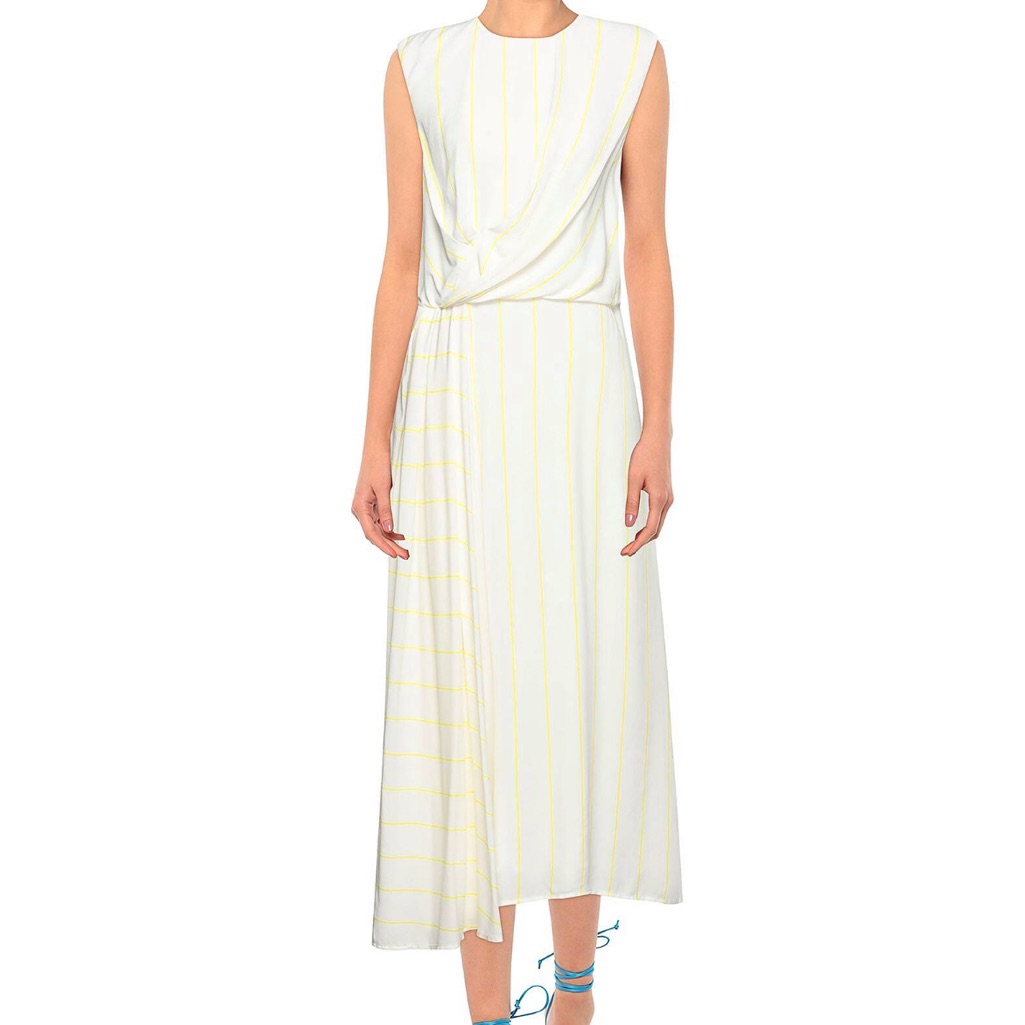 Liviana Conti Bnwt Elegant Asymmetrical White And Faint Yellow Striped Dress